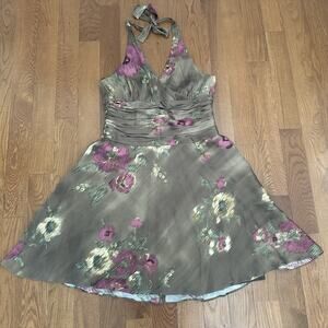 Jones New York Woman Size 14 Brown 100% Silk Floral Dress Fit & Flare Fairy Boho
